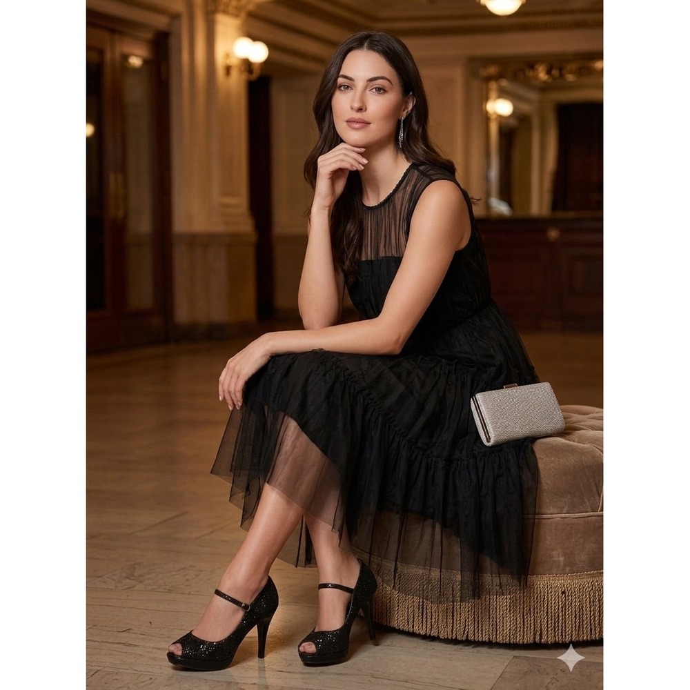 Velvet Heart 10 Black Glitter Peep-Toe Platform Pumps
